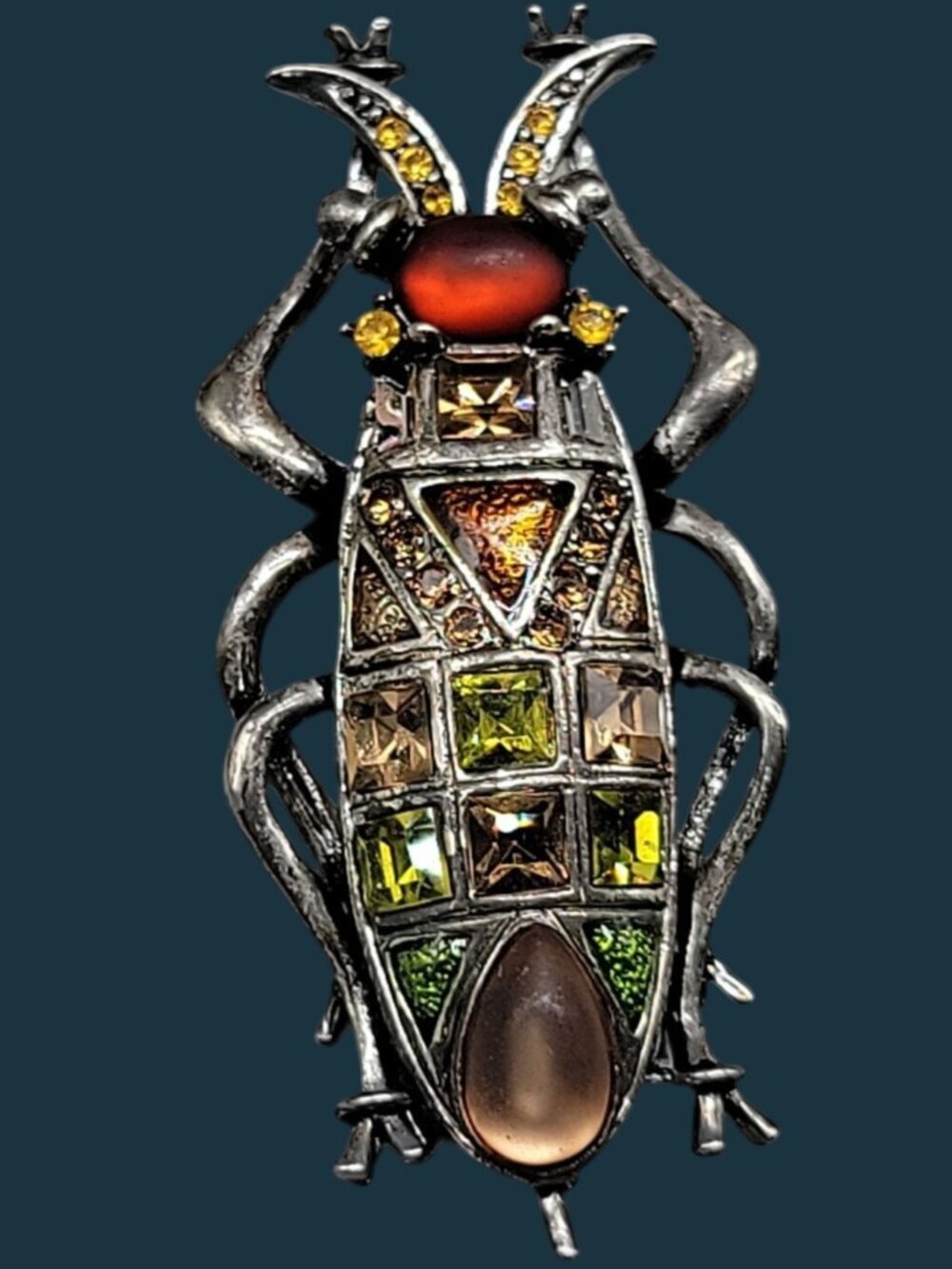 Beetle Brooch With Multicolor Frosted & Faceted Glass Stones Silver Tone Setting - Picture 1 of 7
